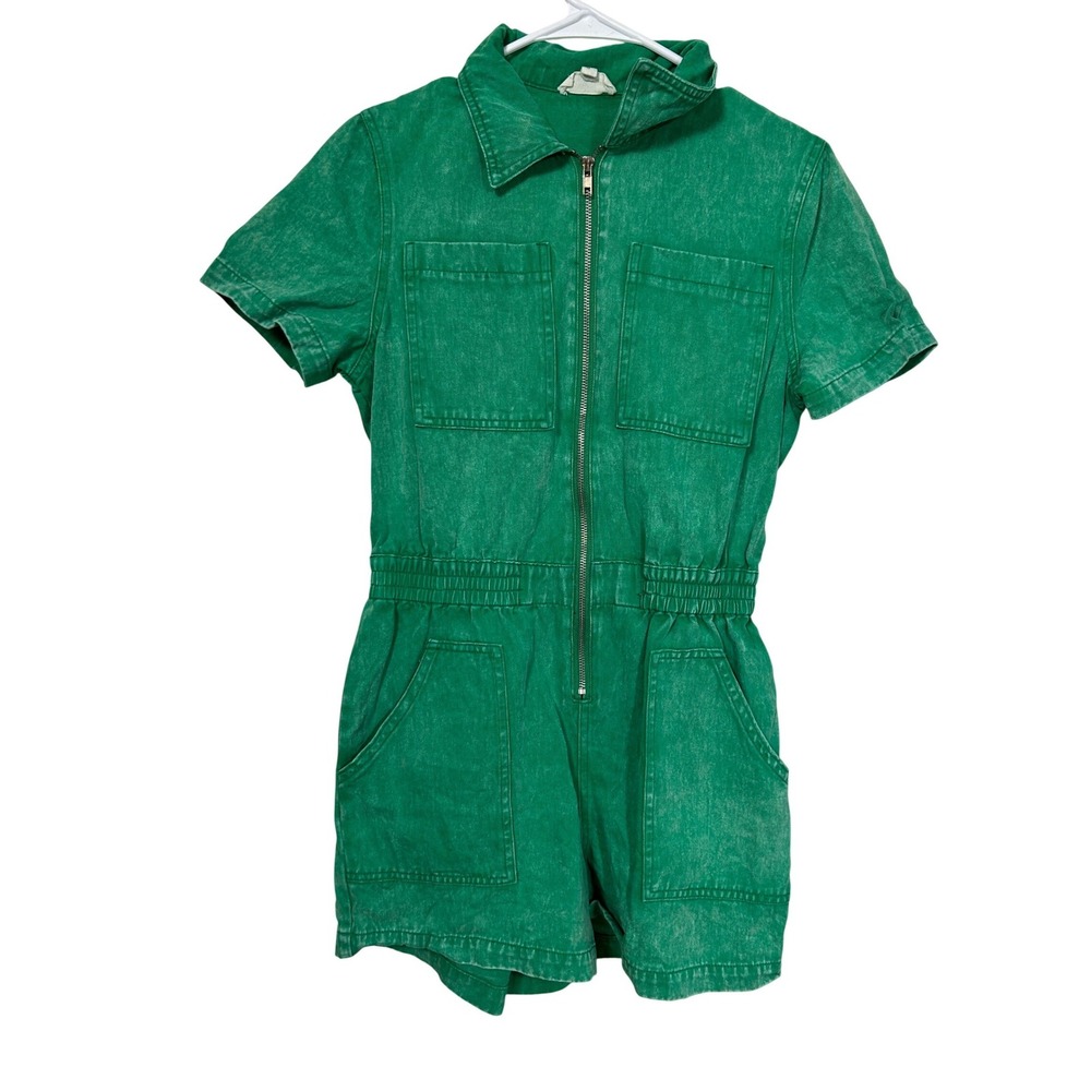 Green Acid Wash Denim Romper Jumpsuit Short Sleeve Zip Front Utility Boho S